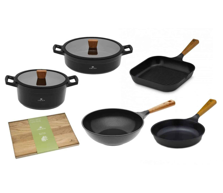 Hrnec 24/28 cm + pánev 24 cm + grilovací pánev 28 cm + WOK pánev + deska NATUR