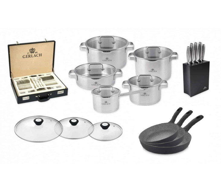 Sada hrnců PRESTIGE PLUS + sada příborů MUZA 68 ks + souprava nožů Modern + 3x pánve Granitex Grey + poklice