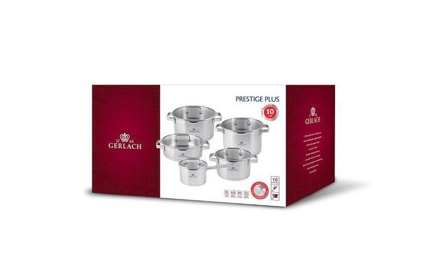 Sada hrnců PRESTIGE PLUS + sada příborů MUZA 68 ks + souprava nožů Modern + 3x pánve Granitex Grey + poklice