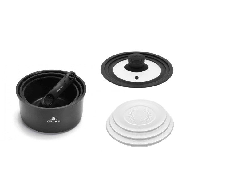 Sada hrnců 4 ks SMART + SMART univerzální poklice 16 cm, 18 cm, 20 cm + poklice na skladování 3 ks - bílé