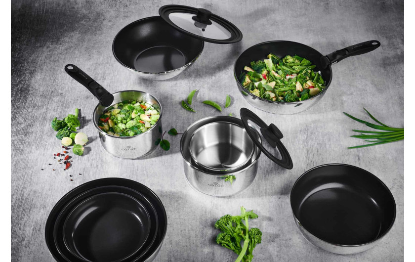 Zestaw garnków 4 el.  SMART STEEL + SMART pokrywki do przechowywania 16cm, 18cm, 20cm - czarne