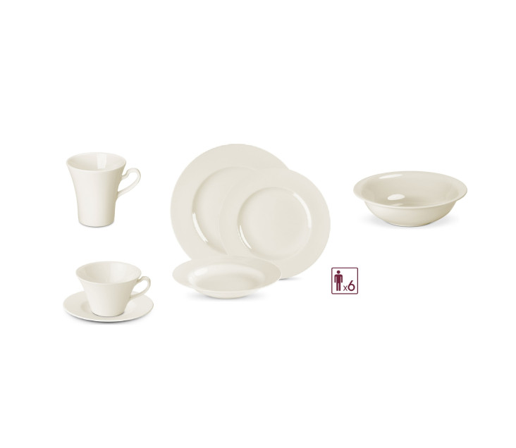 Porcelánová souprava MUZA 38 ks pro 6 osob: jídelní talíře 18 ks + šálek se saucerem 12 ks + hrnek + salátová mísa