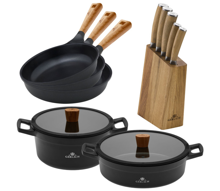 Sada nožů v bloku + 2x hrnce 24/28 cm + 3x pánve NATUR