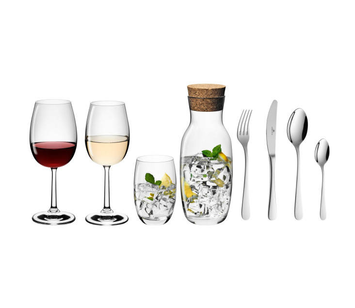 FLOW sada příborů + sada sklenic + sada hrnků + karafa