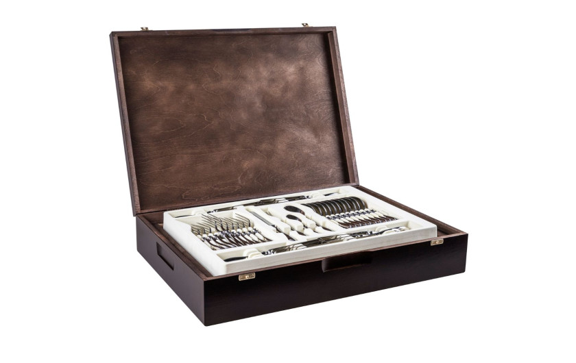 Zestaw sztućc&oacute;w w drewnianej skrzyni 68 szt. połysk RETRO